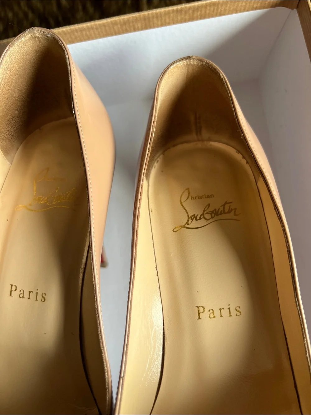 Christian Louboutin Nude Patent Peep-Toe Pumps with Signature Red Sole